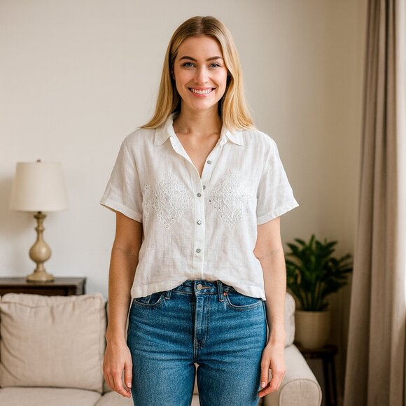 Joie Tops - Joie Women XL 100%‎ Linen White Eyelet Short Sleeve Button Crop Shirt Coquette